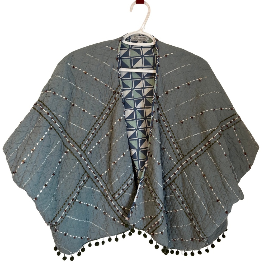 Boho Festival Shawl Poncho Blue Green Quilted Cotton Pom Trim World Market